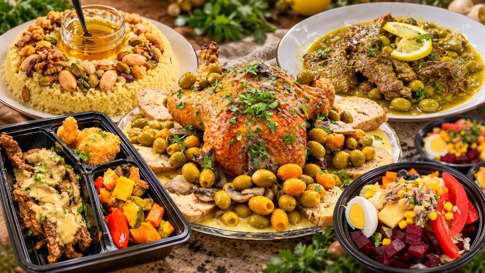Coffrets repas et salades composées autour d'un poulet aux olives, d'un couscous aux fruits secs et d'un plat de viande au citron.
