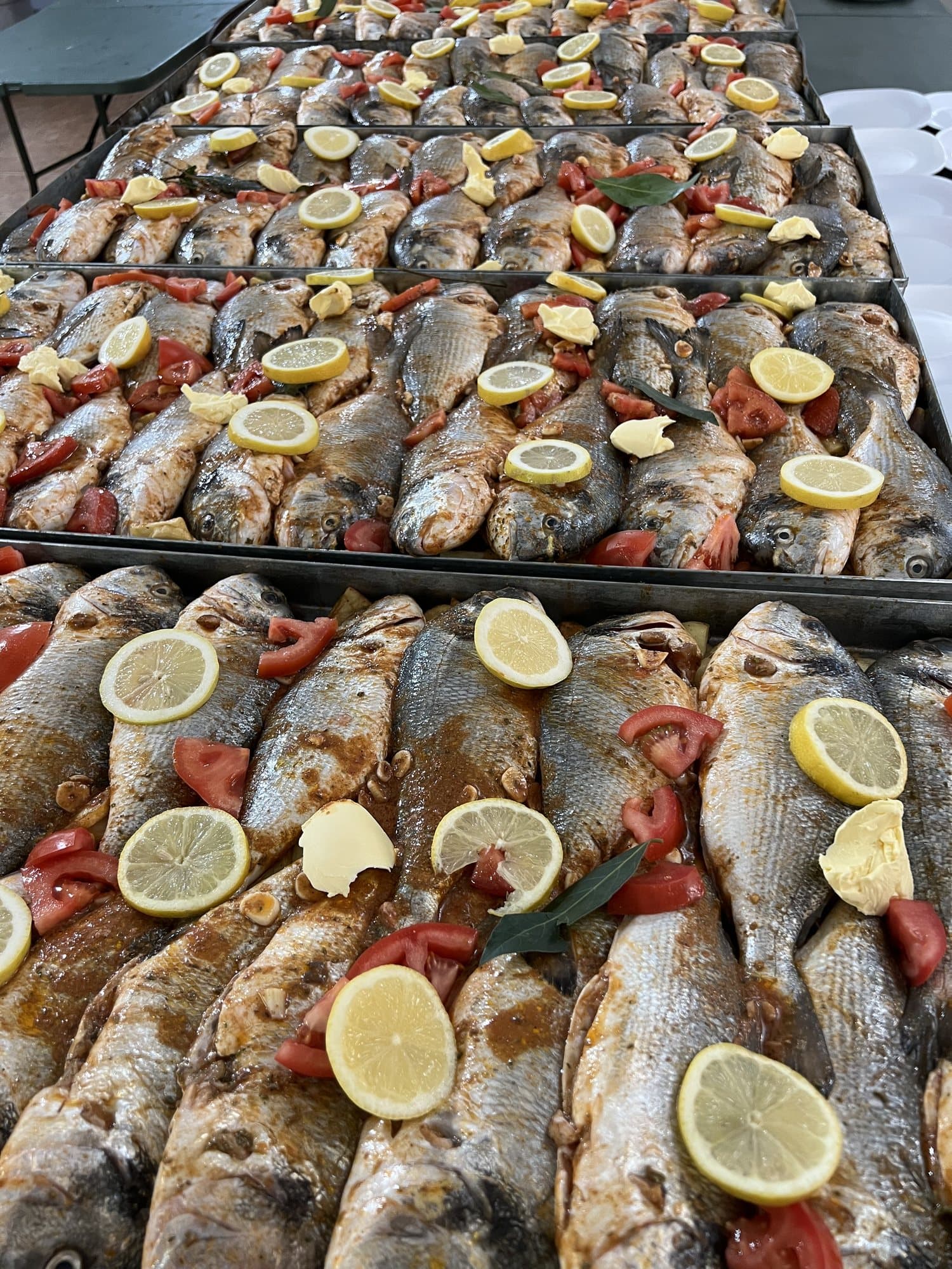 Des plateaux de poissons entiers garnis de citron et de tomate, en préparation.